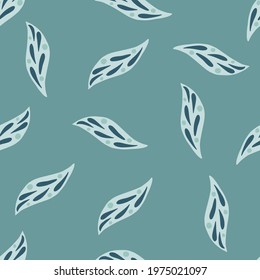 Geometric foliage seamless pattern with abstract leaf shapes. Turquoise pale background. Simple style. Decorative backdrop for fabric design, textile print, wrapping, cover. Vector illustration.
