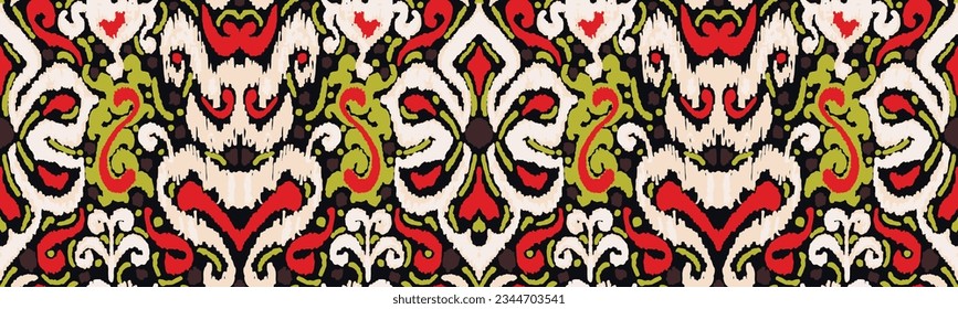 Geometric folk ornament ikat. Tribal ethnic vector textures. Seamless pattern in Aztec style. Folk embroidery. Indian, Scandinavian, Gypsy, Mexican, African carpet. Vector tie dye shibori print.