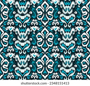 Geometric folk ornament ikat. Tribal ethnic vector textures. Seamless pattern in Aztec style. Folk embroidery. Indian, Scandinavian, Gypsy, Mexican, African carpet. Vector tie dye shibori print.