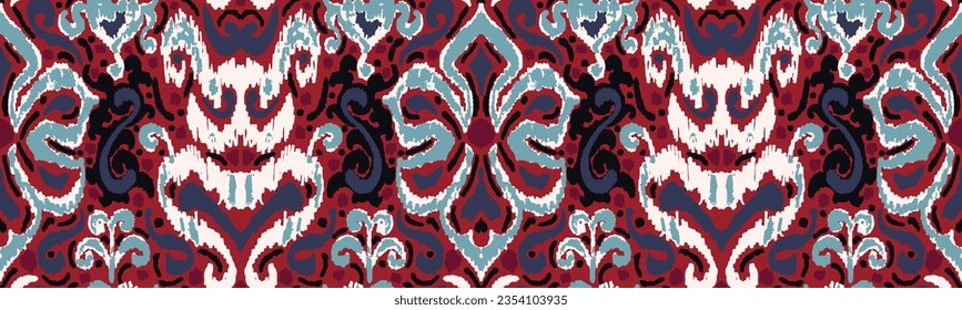 Geometric folk ornament ikat. Tribal ethnic vector textures. Seamless pattern in Aztec style. Folk embroidery. Indian, Scandinavian, Gypsy, Mexican, African carpet. Vector tie dye shibori print.