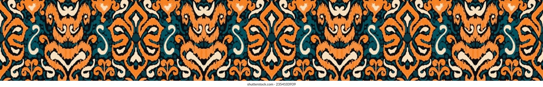 Geometrisches Volksschmuck-Ikat. Stammesethnische Vektorstrukturen. Nahtloses Muster im Stil von Aztec. Folkstickerei. Indischer, skandinavischer, Zigeuner, mexikanischer, afrikanischer Teppich. Farbstoff Shibori-Schriftzeichen aus Vektorband.