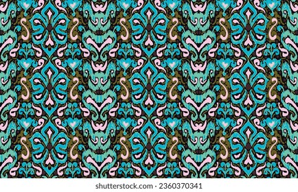 Geometric folk ornament ikat. Tribal ethnic vector textures. Seamless pattern in Aztec style. Folk embroidery. Indian, Scandinavian, Gypsy, Mexican, African carpet. Vector tie dye shibori print.