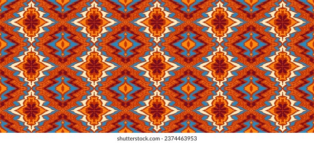 Geometric folk ornament ikat. Tribal ethnic vector textures. Seamless pattern in Aztec style. Folk embroidery. Indian, Scandinavian, Gypsy, Mexican rug. African carpet. Vector tie dye shibori print.