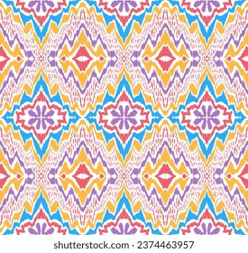 Geometric folk ornament ikat. Tribal ethnic vector textures. Seamless pattern in Aztec style. Folk embroidery. Indian, Scandinavian, Gypsy, Mexican rug. African carpet. Vector tie dye shibori print.