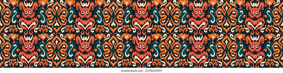 Geometric folk ornament ikat. Tribal ethnic vector textures. Seamless pattern in Aztec style. Folk embroidery. Indian, Scandinavian, Gypsy, Mexican, African carpet. Vector tie dye shibori print.