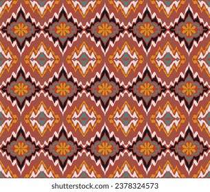 Geometric folk ornament ikat. Tribal ethnic vector textures. Seamless pattern in Aztec style. Folk embroidery. Indian, Scandinavian, Gypsy, Mexican rug. African carpet. Hand drawn, not AI