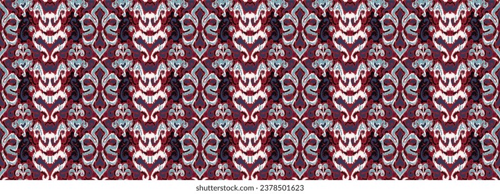Geometric folk ornament ikat. Tribal ethnic vector textures. Seamless pattern in Aztec style. Folk embroidery. Indian, Scandinavian, Gypsy, Mexican, African carpet. Vector tie dye shibori print.