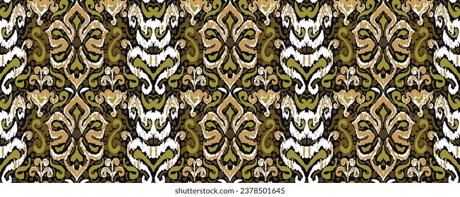 Geometric folk ornament ikat. Tribal ethnic vector textures. Seamless pattern in Aztec style. Folk embroidery. Indian, Scandinavian, Gypsy, Mexican, African carpet. Vector tie dye shibori print.