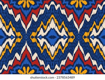 Geometric folk ornament ikat. Tribal ethnic vector textures. Seamless pattern in Aztec style. Folk embroidery. Indian, Scandinavian, Gypsy, Mexican rug. African carpet. Hand drawn, not AI