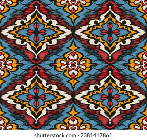 Geometric folk ornament ikat. Tribal ethnic vector textures. Seamless pattern in Aztec style. Folk embroidery. Indian, Scandinavian, Gypsy, Mexican rug. African carpet. Vector tie dye shibori print.