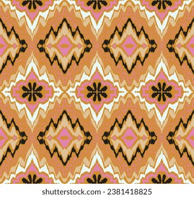Geometric folk ornament ikat. Tribal ethnic vector textures. Seamless pattern in Aztec style. Folk embroidery. Indian, Scandinavian, Gypsy, Mexican rug. African carpet. Hand drawn, not AI