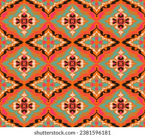 Geometric folk ornament ikat. Tribal ethnic vector textures. Seamless pattern in Aztec style. Folk embroidery. Indian, Scandinavian, Gypsy, Mexican rug. African carpet. Vector tie dye shibori print.