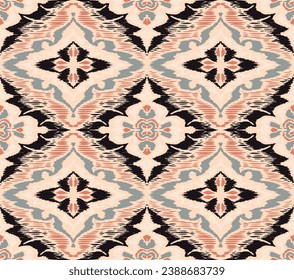 Geometric folk ornament ikat. Tribal ethnic vector textures. Seamless pattern in Aztec style. Folk embroidery. Indian, Scandinavian, Gypsy, Mexican rug. African carpet. Vector tie dye shibori print.