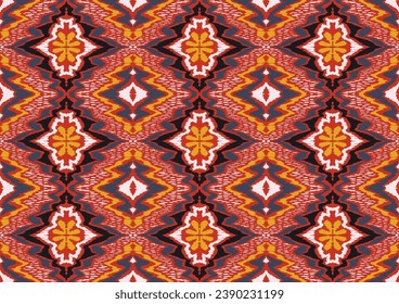 Geometric folk ornament ikat. Tribal ethnic vector textures. Seamless pattern in Aztec style. Folk embroidery. Indian, Scandinavian, Gypsy, Mexican rug. African carpet. Hand drawn, not AI