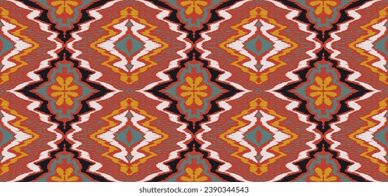Geometric folk ornament ikat. Tribal ethnic vector textures. Seamless pattern in Aztec style. Folk embroidery. Indian, Scandinavian, Gypsy, Mexican rug. African carpet. Hand drawn, not AI