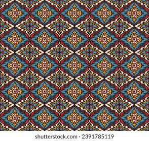 Geometric folk ornament ikat. Tribal ethnic vector textures. Seamless pattern in Aztec style. Folk embroidery. Indian, Scandinavian, Gypsy, Mexican rug. African carpet. Vector tie dye shibori print.