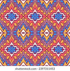 Geometric folk ornament ikat. Tribal ethnic vector textures. Seamless pattern in Aztec style. Folk embroidery. Indian, Scandinavian, Gypsy, Mexican rug. African carpet. Vector tie dye shibori print.