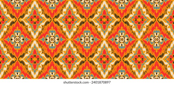 Geometric folk ornament ikat. Tribal ethnic vector textures. Seamless pattern in Aztec style. Folk embroidery. Indian, Scandinavian, Gypsy, Mexican rug. African carpet. Vector tie dye shibori print.