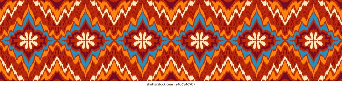 Geometric folk ornament ikat. Tribal ethnic vector textures. Seamless pattern in Aztec style. Folk embroidery. Indian, Scandinavian, Gypsy, Mexican rug. African carpet. Vector tie dye shibori print.