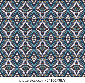 Geometric folk ornament ikat. Tribal ethnic vector textures. Seamless pattern in Aztec style. Folk embroidery. Indian, Scandinavian, Gypsy, Mexican rug. African carpet. Hand drawn, not AI