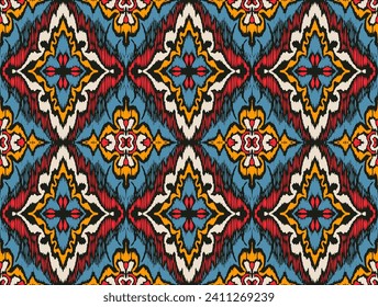 Geometric folk ornament ikat. Tribal ethnic vector textures. Seamless pattern in Aztec style. Folk embroidery. Indian, Scandinavian, Gypsy, Mexican rug. African carpet. Hand drawn, not AI