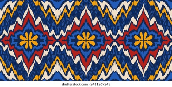 Geometric folk ornament ikat. Tribal ethnic vector textures. Seamless pattern in Aztec style. Folk embroidery. Indian, Scandinavian, Gypsy, Mexican rug. African carpet. Hand drawn, not AI