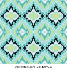 Geometric folk ornament ikat. Tribal ethnic vector textures. Seamless pattern in Aztec style. Folk embroidery. Indian, Scandinavian, Gypsy, Mexican rug. African carpet. Hand drawn, not AI