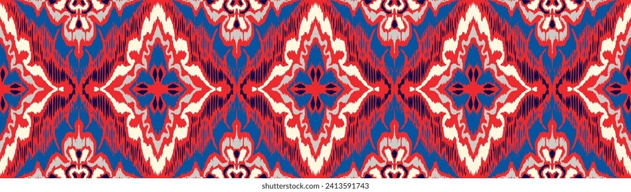 Geometric folk ornament ikat. Tribal ethnic vector textures. Seamless pattern in Aztec style. Folk embroidery. Indian, Scandinavian, Gypsy, Mexican rug. African carpet. Hand drawn, not AI