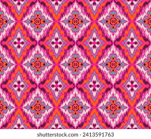Geometric folk ornament ikat. Tribal ethnic vector textures. Seamless pattern in Aztec style. Folk embroidery. Indian, Scandinavian, Gypsy, Mexican rug. African carpet. Vector tie dye shibori print.