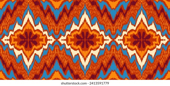 Geometric folk ornament ikat. Tribal ethnic vector textures. Seamless pattern in Aztec style. Folk embroidery. Indian, Scandinavian, Gypsy, Mexican rug. African carpet. Vector tie dye shibori print.