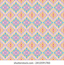 Geometric folk ornament ikat. Tribal ethnic vector textures. Seamless pattern in Aztec style. Folk embroidery. Indian, Scandinavian, Gypsy, Mexican rug. African carpet. Vector tie dye shibori print.