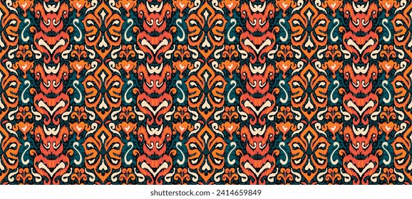 Geometric folk ornament ikat. Tribal ethnic vector textures. Seamless pattern in Aztec style. Folk embroidery. Indian, Scandinavian, Gypsy, Mexican, African carpet. Vector tie dye shibori print.