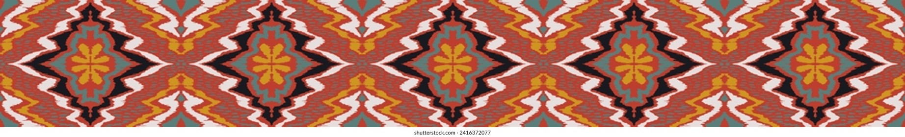 Geometric folk ornament ikat. Tribal ethnic vector textures. Seamless pattern in Aztec style. Folk embroidery. Indian, Scandinavian, Gypsy, Mexican rug. African carpet. Hand drawn, not AI