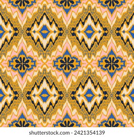 Geometric folk ornament ikat. Tribal ethnic vector textures. Seamless pattern in Aztec style. Folk embroidery. Indian, Scandinavian, Gypsy, Mexican rug. African carpet. Vector tie dye shibori print.