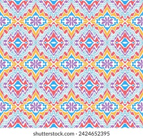 Geometric folk ornament ikat. Tribal ethnic vector textures. Seamless pattern in Aztec style. Folk embroidery. Indian, Scandinavian, Gypsy, Mexican rug. African carpet. Vector tie dye shibori print.