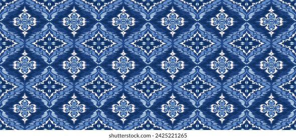 Geometric folk ornament ikat. Tribal ethnic vector textures. Seamless pattern in Aztec style. Folk embroidery. Indian, Scandinavian, Gypsy, Mexican rug. African carpet. Vector tie dye shibori print.