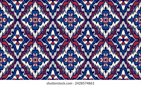 Geometric folk ornament ikat. Tribal ethnic vector textures. Seamless pattern in Aztec style. Folk embroidery. Indian, Scandinavian, Gypsy, Mexican rug. African carpet. Vector tie dye shibori print.