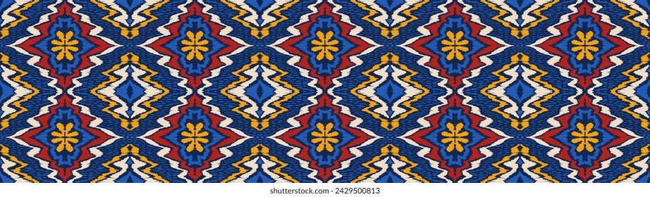 Geometric folk ornament ikat. Tribal ethnic vector textures. Seamless pattern in Aztec style. Folk embroidery. Indian, Scandinavian, Gypsy, Mexican rug. African carpet. Hand drawn, not AI