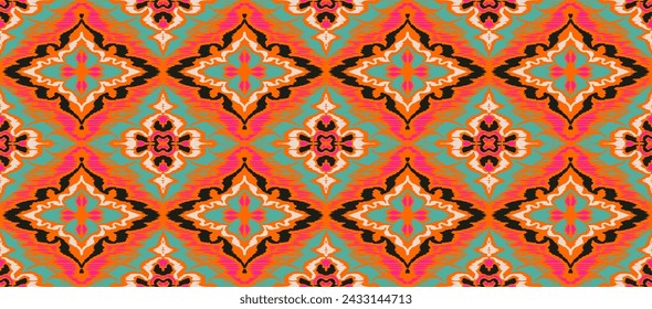 Geometric folk ornament ikat. Tribal ethnic vector textures. Seamless pattern in Aztec style. Folk embroidery. Indian, Scandinavian, Gypsy, Mexican rug. African carpet. Hand drawn, not AI