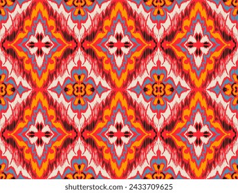Geometric folk ornament ikat. Tribal ethnic vector textures. Seamless pattern in Aztec style. Folk embroidery. Indian, Scandinavian, Gypsy, Mexican rug. African carpet. Hand drawn, not AI