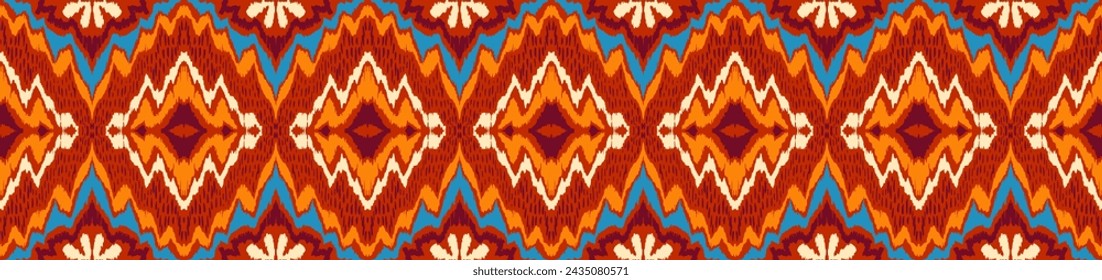 Geometric folk ornament ikat. Tribal ethnic vector textures. Seamless pattern in Aztec style. Folk embroidery. Indian, Scandinavian, Gypsy, Mexican rug. African carpet. Hand drawn, not AI