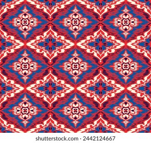 Geometric folk ornament ikat. Tribal ethnic vector textures. Seamless pattern in Aztec style. Folk embroidery. Indian, Scandinavian, Gypsy, Mexican rug. African carpet. Hand drawn, not AI