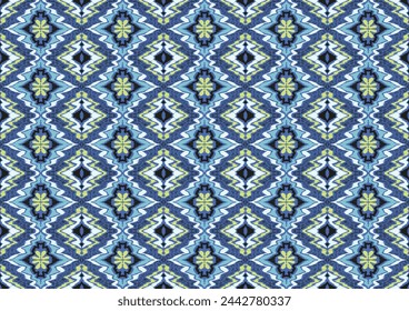 Geometric folk ornament ikat. Tribal ethnic vector textures. Seamless pattern in Aztec style. Folk embroidery. Indian, Scandinavian, Gypsy, Mexican rug. African carpet. Hand drawn, not AI