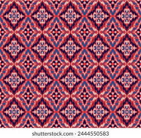 Geometric folk ornament ikat. Tribal ethnic vector textures. Seamless pattern in Aztec style. Folk embroidery. Indian, Scandinavian, Gypsy, Mexican rug. African carpet. Vector tie dye shibori print.