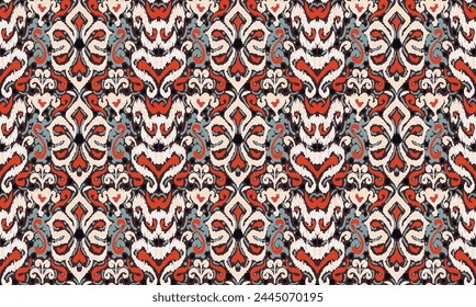 Geometric folk ornament ikat. Tribal ethnic vector textures. Seamless pattern in Aztec style. Folk embroidery. Indian, Scandinavian, Gypsy, Mexican, African carpet. Vector tie dye shibori print.