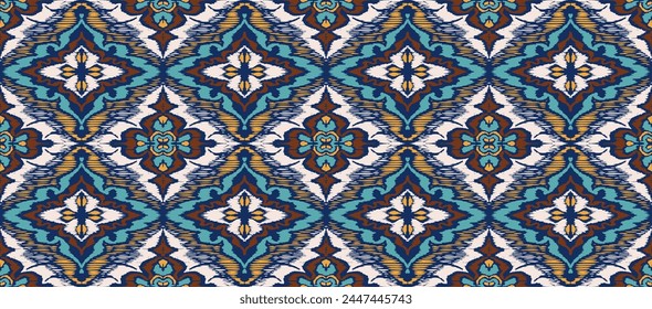 Geometric folk ornament ikat. Tribal ethnic vector textures. Seamless pattern in Aztec style. Folk embroidery. Indian, Scandinavian, Gypsy, Mexican rug. African carpet. Vector tie dye shibori print.