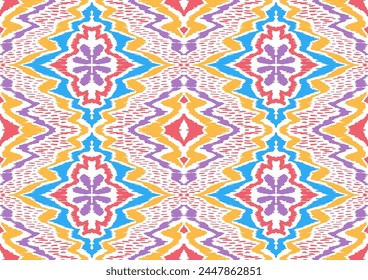 Geometric folk ornament ikat. Tribal ethnic vector textures. Seamless pattern in Aztec style. Folk embroidery. Indian, Scandinavian, Gypsy, Mexican rug. African carpet. Vector tie dye shibori print.