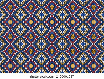 Geometric folk ornament ikat. Tribal ethnic vector textures. Seamless pattern in Aztec style. Folk embroidery. Indian, Scandinavian, Gypsy, Mexican rug. African carpet. Vector tie dye shibori print.