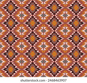 Geometric folk ornament ikat. Tribal ethnic vector textures. Seamless pattern in Aztec style. Folk embroidery. Indian, Scandinavian, Gypsy, Mexican rug. African carpet. Hand drawn, not AI