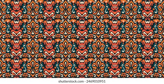 Geometric folk ornament ikat. Tribal ethnic vector textures. Seamless pattern in Aztec style. Folk embroidery. Indian, Scandinavian, Gypsy, Mexican, African carpet. Vector tie dye shibori print.